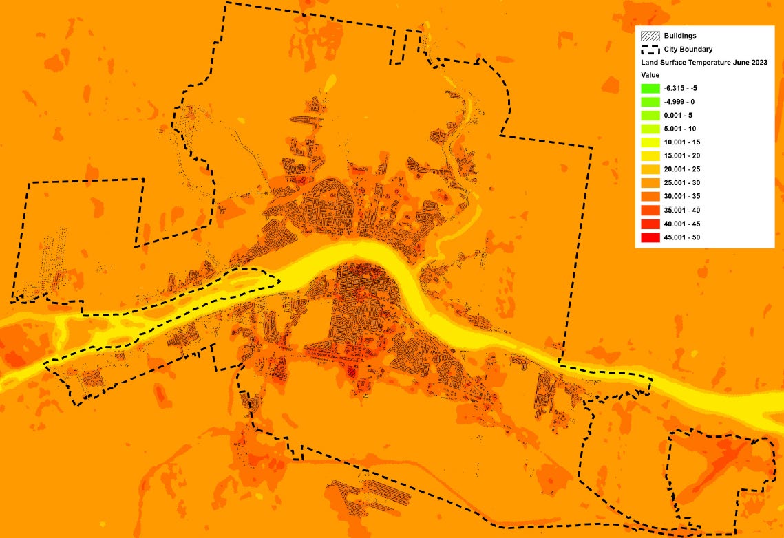 Land surface temperature across Fredericton, June 2023. (Stantec)