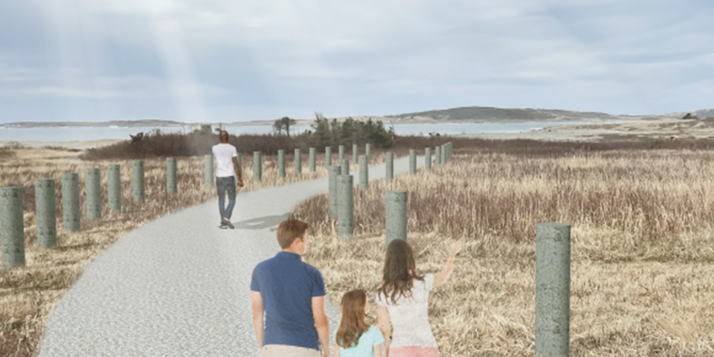 Concrete footings and foundations, remnants of the former boardwalk, intentionally integrated as interpretive features. (Image: M&W)