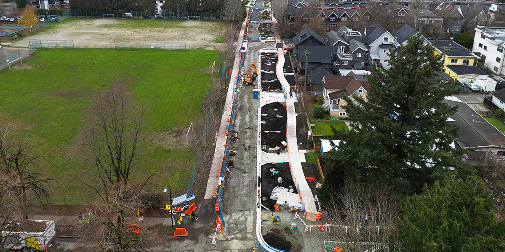 Aerial view of construction on the third block of St George Rainway. (Image: City of Vancouver)