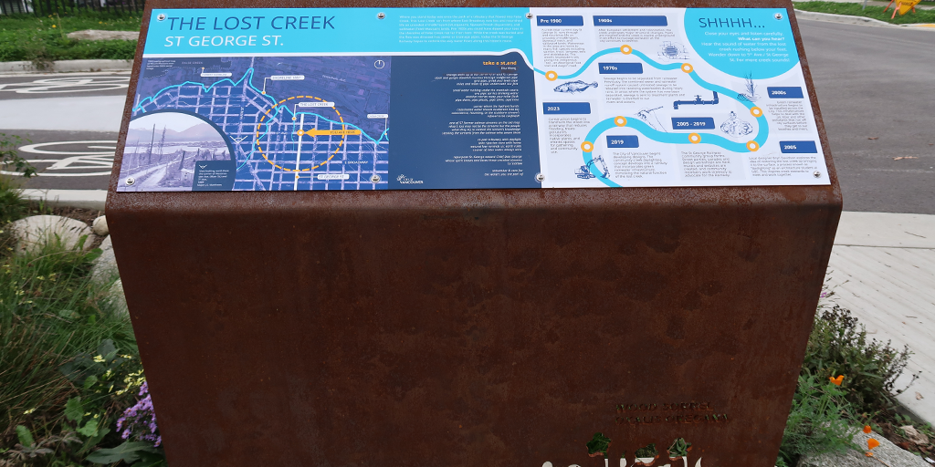 Interpretive signage describing the historical Lost Creek and the ecological context of St. George Street (Image: S. Careri).