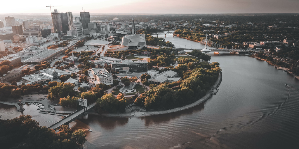 Aerial view of turn in Red River in Winnipeg, Manitoba