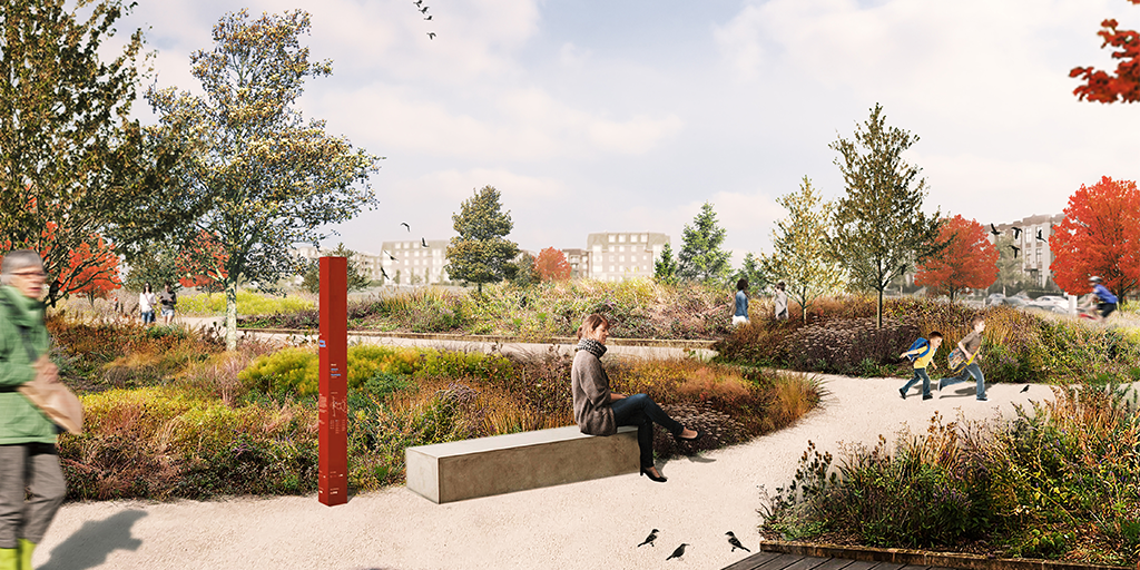  Le plan directeur d’aménagement du Corridor de biodiversité de Saint-Laurent transformera la zone industrielle de l’arrondissement Saint-Laurent, à Montréal, en un corridor écologique urbain continu. (Image : Équipe du projet)