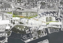 The Vision Plan - reinvigorates the area beneath the Gardiner Expressway into a vital artery for pedestrians and cyclists.  Image Credit PUBLC WORK