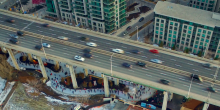 Aerial view demonstrating the recovery of existing mono-functional infrastructure to support new forms of public life.  Image Credit Droneography Aerial Imaging