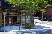 Existing trees preserved and incorporated with the use of structural soils