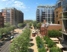 Cherry Street Rendered Perspective - Re-envisioning streets with transit and ped