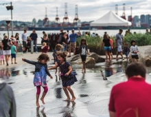 View from water feature, summer market day