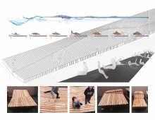 Megabench collage: concept, sections, study models (digital and physical) and photos of mock up