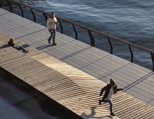 View of Megabench from Polygon Gallery balcony, winter day