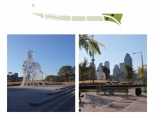 The southern portion of the park is the threshold into the city, a transition from the expressway to boulevard, where a long densely vegetated area is covered in tall ornamental grasses reminiscent of the industrial past of the hay market all the way to the edge of the sculpture. The dog park and sitting area allow a connection in the adjacent neighborhood.